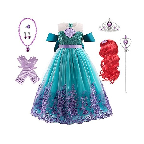 Kosplay Costume de princesse Ariel pour fille avec accessoires perruques sirène déguisement enfant anniversaire fête Noël Hal