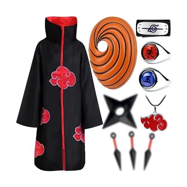 Akatsuki Manteau pour enfant adulte Cosplay Anime Obito Itachi Costume 9 pièces Accessoires de costume Masque Anneau Uchiha I