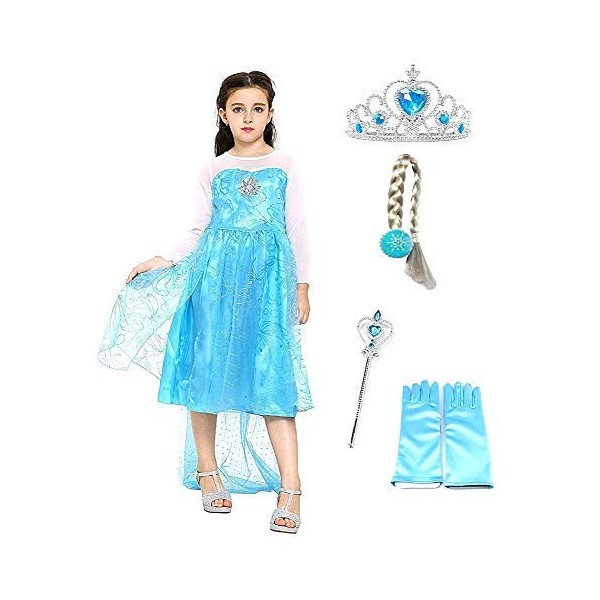 Costume Elsa avec couronne – Baguette – Gants – Tresse – Fille – La Reine des neiges – Couleur bleue – Déguisement – Carnaval