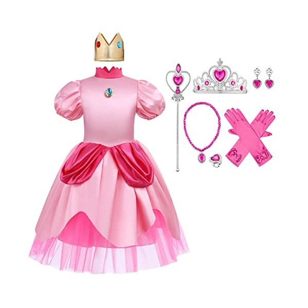 FYMNSI Costume de princesse Peach pour enfants et filles, Halloween, fête, cosplay, robe à manches courtes, avec couronne dor