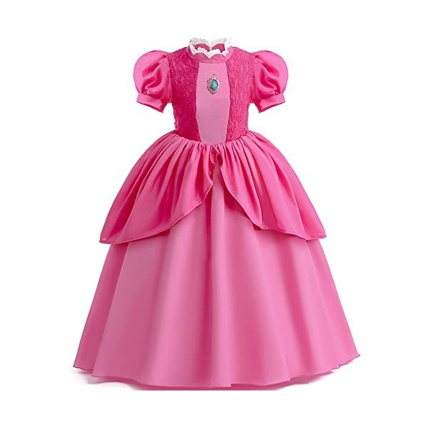 FYMNSI Costume de princesse Peach pour enfants et filles, Halloween, fête, cosplay, robe à manches courtes, avec couronne dor