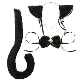 BONOCO Oreilles de Chat Bandeau Queue Noeud Papillon Déguisements Halloween Cosplay Costume Fête Décoration Accessoire Blanc 