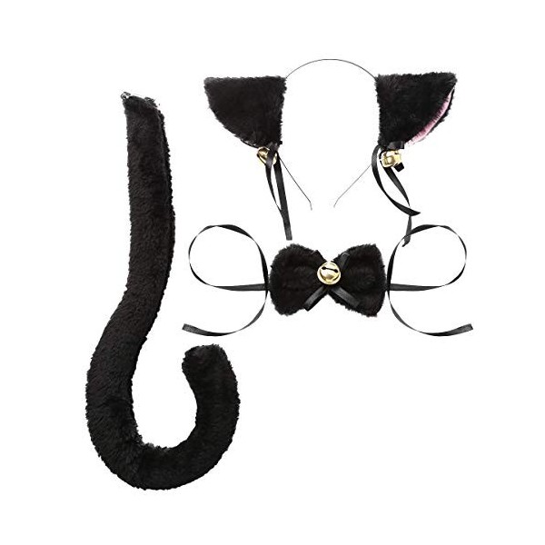 BONOCO Oreilles de Chat Bandeau Queue Noeud Papillon Déguisements Halloween Cosplay Costume Fête Décoration Accessoire Blanc 