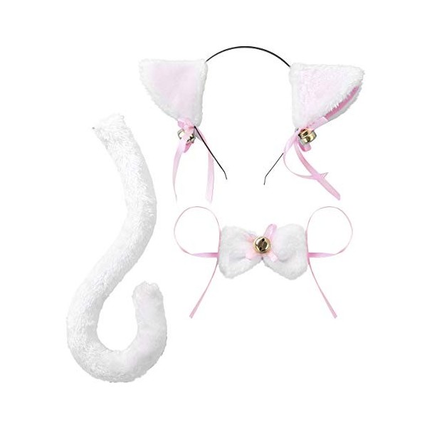 BONOCO Oreilles de Chat Bandeau Queue Noeud Papillon Déguisements Halloween Cosplay Costume Fête Décoration Accessoire Blanc 