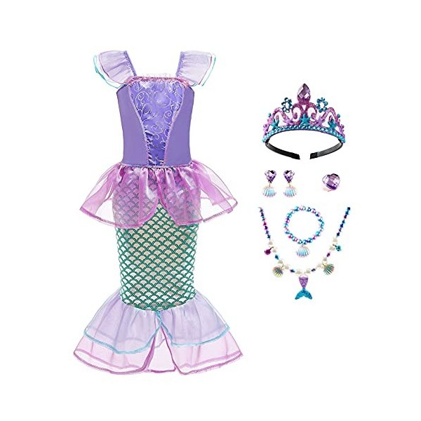 VIROYA Filles Petite Sirène Ariel Princesse Robe avec Couronne Collier Boucles doreilles Bracelet Bagues Accessoires Ensembl