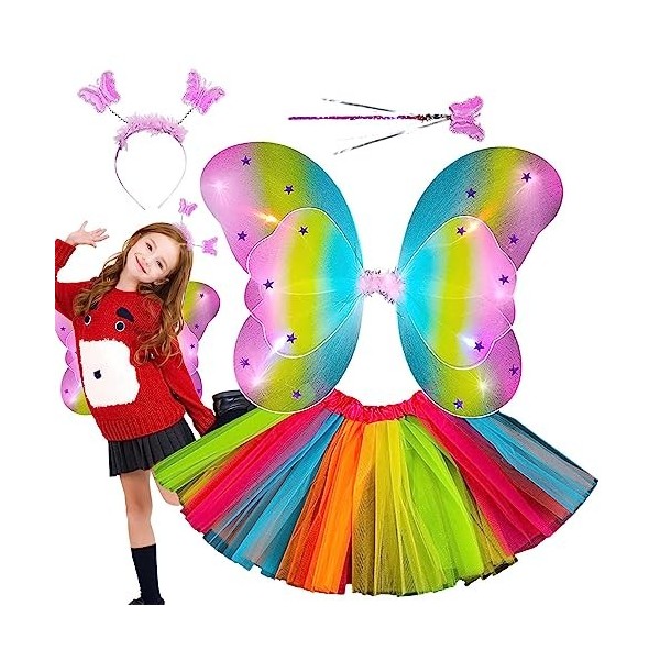 WOTEG fées pour Filles - Costumes fées pour avec lumières,4 pièces Accessoires Cosplay Baguette Papillon Habiller des Ailes f