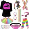 Déguisement Année 80 Accessoire Femme 80s Disco Costume Vetement Fête Tutu Fluo T-Shirt Bandeau Lunettes Collier Gants Sac Ba