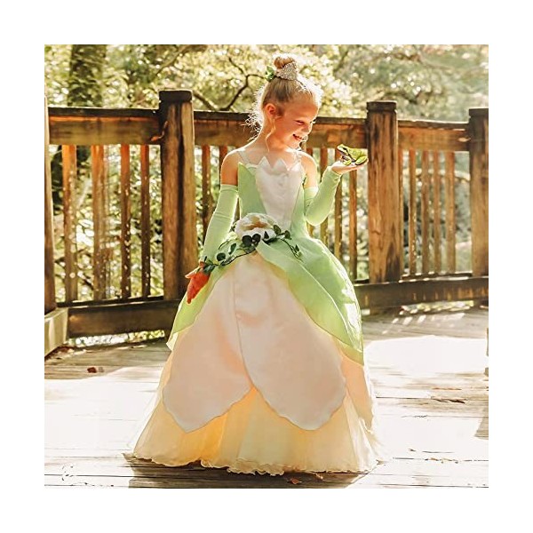 IMEKIS Robe Tiana pour Filles Déguisement Princesse Grenouille Fantaisie Halloween Carnaval Cosplay Shabiller avec Accessoir