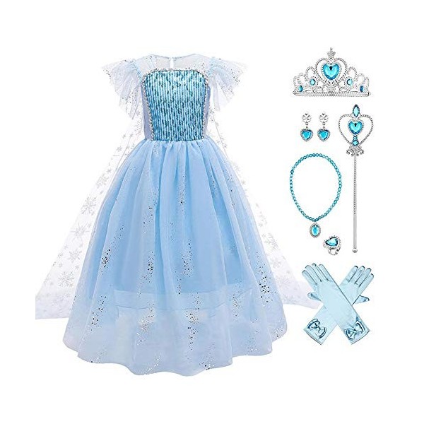 Reine des Neiges Elsa Costume pour fille et enfant Robe en tulle avec accessoires Princesse des Neiges Déguisement Carnaval N