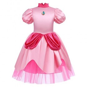IWEMEK Robe de princesse Peach pour fille - Manches bouffantes - Longueur genou - Robe en satin avec couronne - Accessoires H