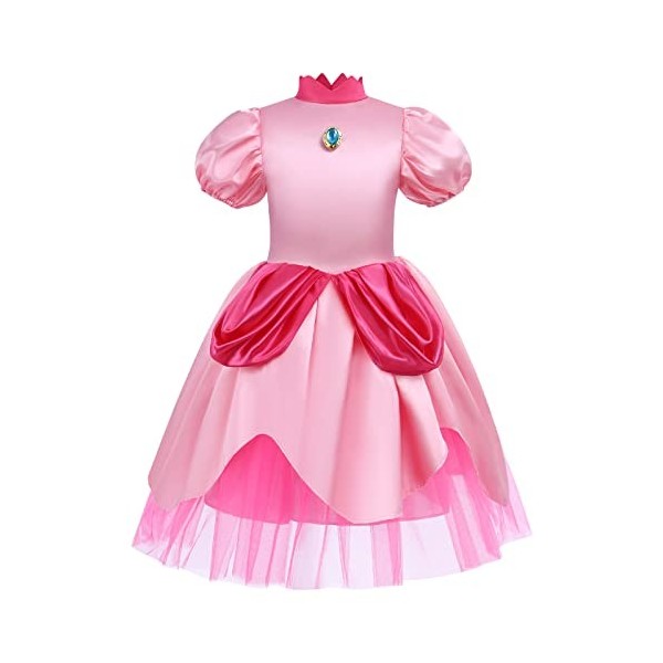 IWEMEK Robe de princesse Peach pour fille - Manches bouffantes - Longueur genou - Robe en satin avec couronne - Accessoires H