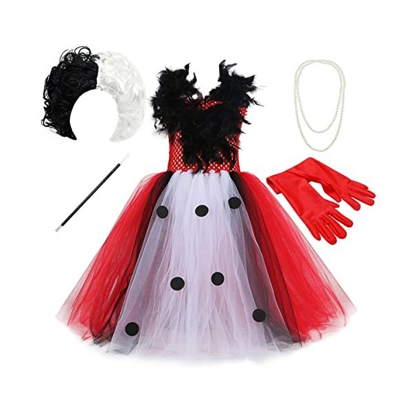 IDOPIP Déguisement Cruella Deville Enfant Fille 101 Dalmatiens Tutu Robe en Tulle avec Accessoires pour Halloween Cosplay Fêt