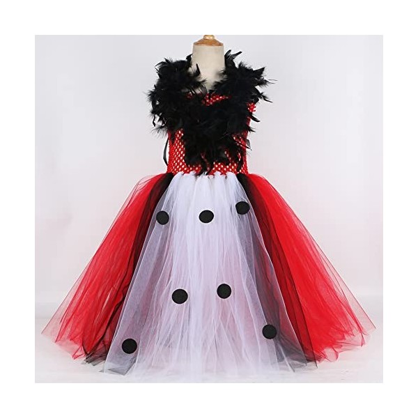 IDOPIP Déguisement Cruella Deville Enfant Fille 101 Dalmatiens Tutu Robe en Tulle avec Accessoires pour Halloween Cosplay Fêt