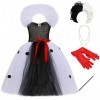 IDOPIP Déguisement Cruella Deville Enfant Fille 101 Dalmatiens Tutu Robe en Tulle avec Accessoires pour Halloween Cosplay Fêt