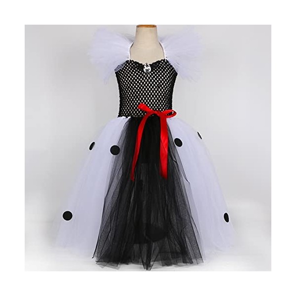 IDOPIP Déguisement Cruella Deville Enfant Fille 101 Dalmatiens Tutu Robe en Tulle avec Accessoires pour Halloween Cosplay Fêt