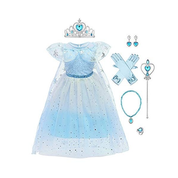 FYMNSI Robe de princesse pour fille avec accessoires pour Noël, Halloween, carnaval, Bleu dégradé, 4-5 ans
