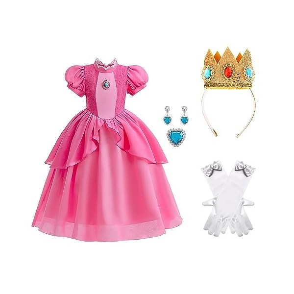 FUYERLI Costume de cosplay princesse pêche pour filles, robe princesse pêche super frères, déguisement dHalloween pour enfan