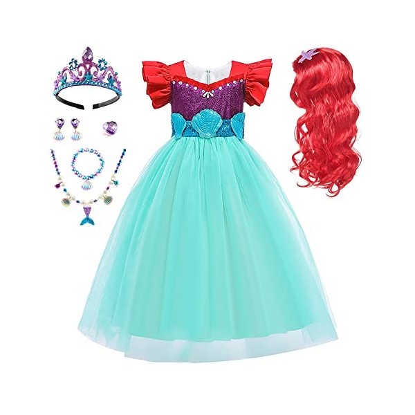 OBEEII Deguisement Sirène Princesse Ariel Robe pour Enfant Fille Carnaval Costume Halloween Cosplay Fête Anniversaire Vêtemen