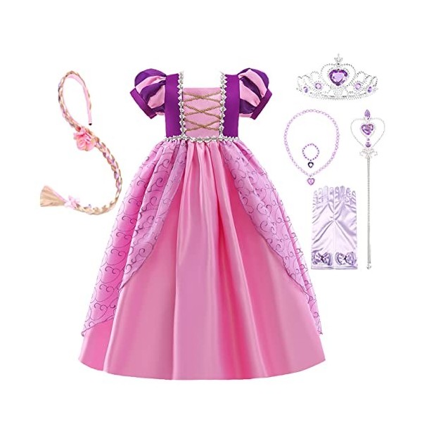 Lito Angels Deguisement Robe Costume Princesse Raiponce avec Accessories pour Enfant Fille, Taille 2-3 Ans, Manche Courte Bou
