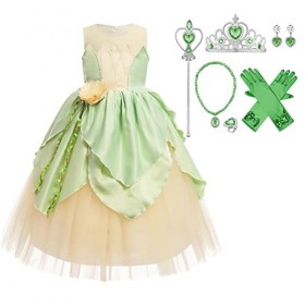 IBAKOM Enfants Filles Déguisements Princesse Tiana Costume Robe Halloween Carnaval Cosplay Tenues Anniversaire Conte Fées Jeu