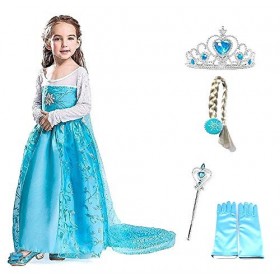 Costume Elsa - fleur avec couronne - baguette - gants - tresse - fille - bleu - déguisement - carnaval - halloween - princess