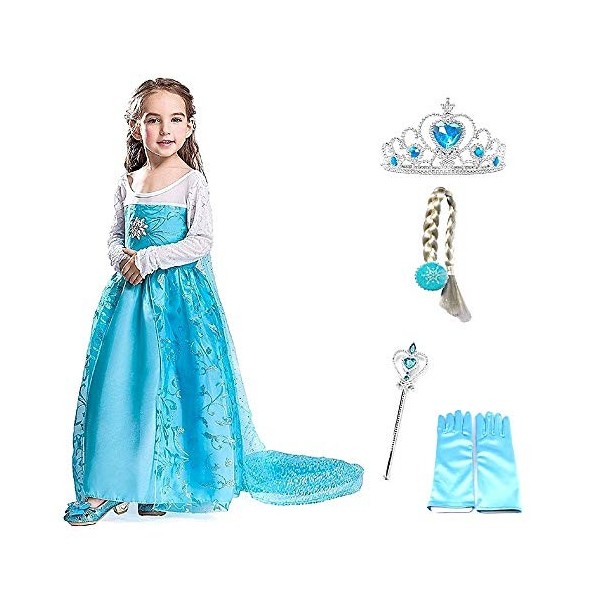 Costume Elsa - fleur avec couronne - baguette - gants - tresse - fille - bleu - déguisement - carnaval - halloween - princess