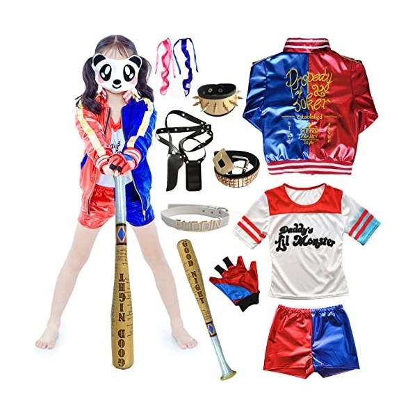 Foanja Harley Déguisement Costume Femme Fille Halloween Dress Harley Zippée Veste T-Shirt Pantalon et Gants Harnais de Perruq