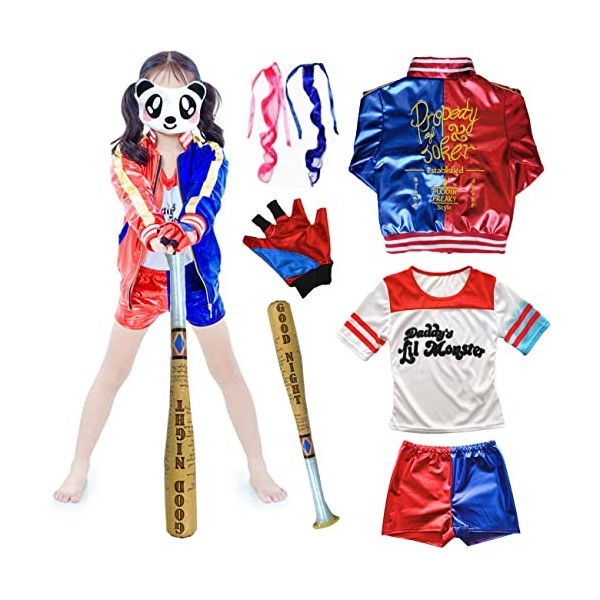 Foanja Harley Déguisement Costume Femme Fille Halloween Dress Harley Zippée Veste T-Shirt Pantalon et Gants Harnais de Perruq