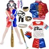 Foanja Harley Déguisement Costume Femme Fille Halloween Dress Harley Zippée Veste T-Shirt Pantalon et Gants Harnais de Perruq