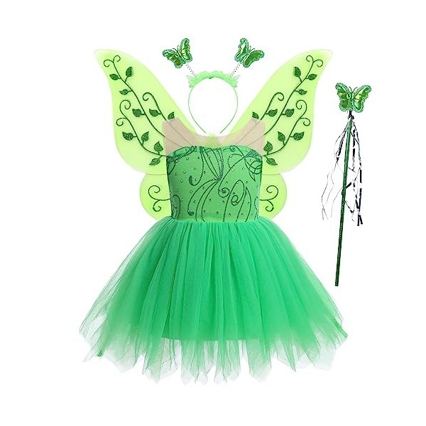 Costume de clochette pour enfant fille sans manches princesse tutu robe en tulle+papillon ailes de fée boîte à déguisement, H