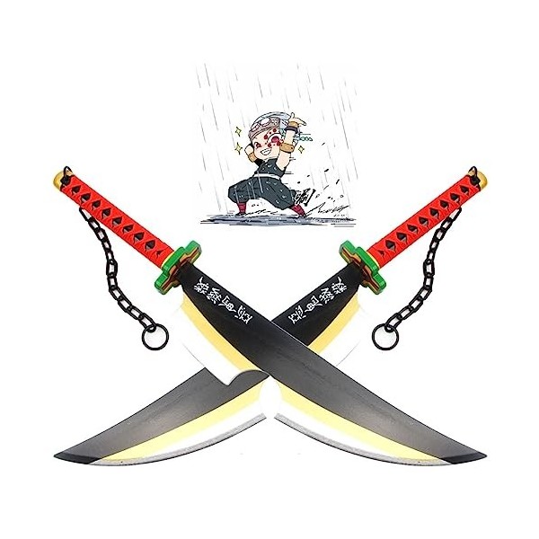 ZYXDDP 2xÉpée Danime en Bambou, Uzui Tengen Épée De Samouraï en Bois, Demon Slayer Katana Cosplay, Jouets pour Enfants, Acce