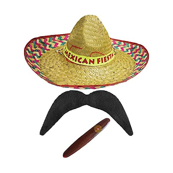Sombrero mexicain rouge avec bande mexicaine de la Fiesta + moustache noire + accessoire de déguisement Jumbo mexicain espagn