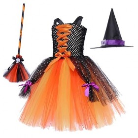 ZOUTYI Elégante Fille Halloween Masquerade Cosplay Sorcière Costume avec Chapeau Accessoires Enfants Shoulderlesstulle Tutu R