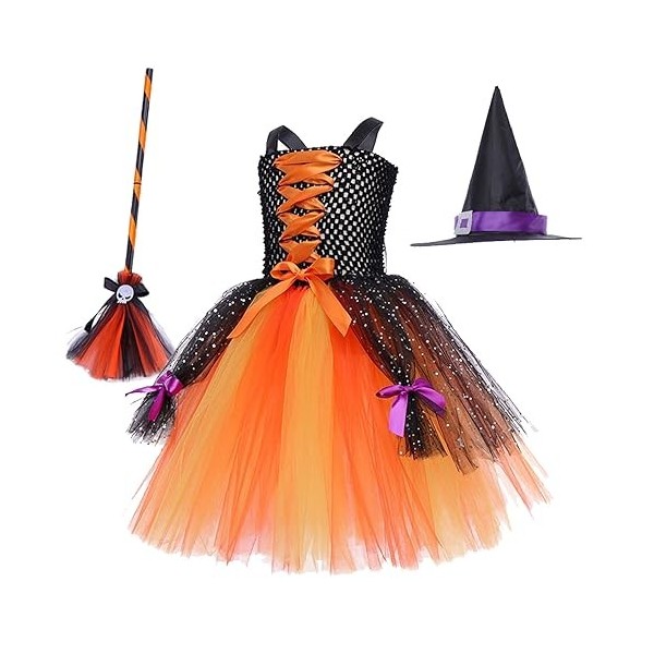 ZOUTYI Elégante Fille Halloween Masquerade Cosplay Sorcière Costume avec Chapeau Accessoires Enfants Shoulderlesstulle Tutu R