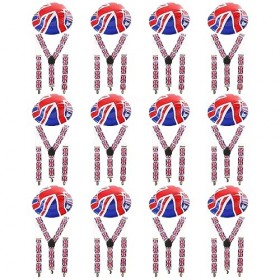 Lot de 12 accessoires Union Jack - Chapeau melon en plastique avec drapeau britannique + bretelles Union Jack
