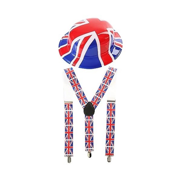 Lot de 12 accessoires Union Jack - Chapeau melon en plastique avec drapeau britannique + bretelles Union Jack