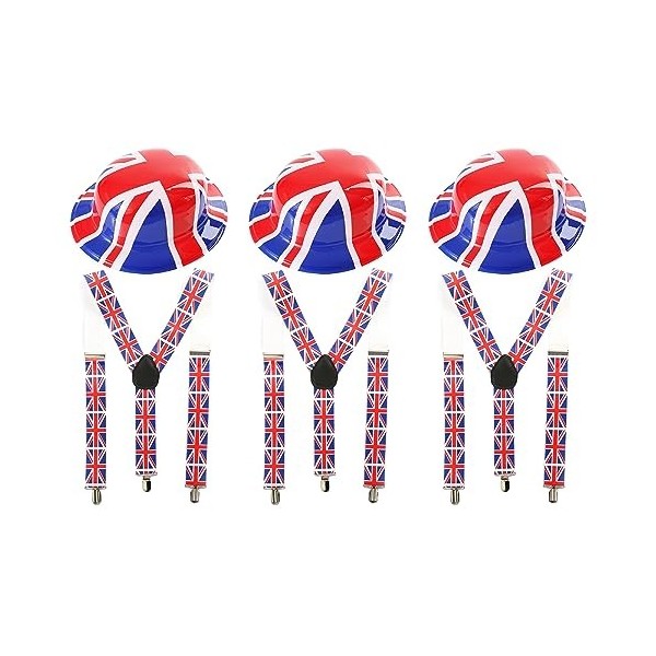 Lot de 12 accessoires Union Jack - Chapeau melon en plastique avec drapeau britannique + bretelles Union Jack