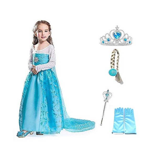 Taille 100 2 3 ans Elsa Flower Costume With Crown Baguette Gants Tresse Fille Frozen Couleur bleue Déguisement Carnaval Hallo