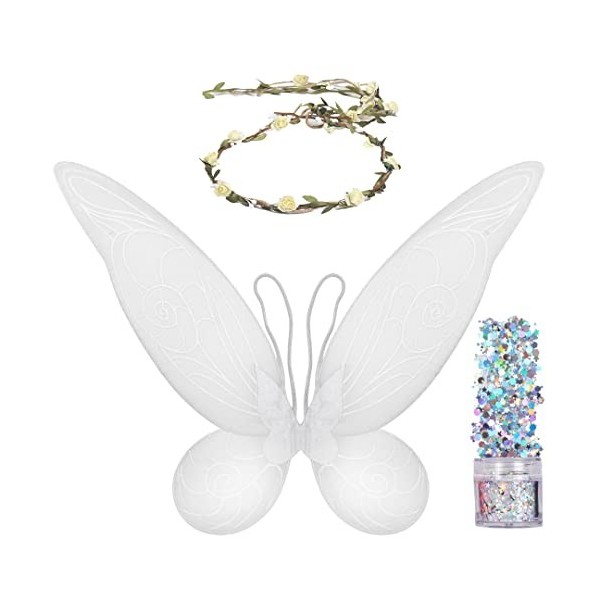 FUNCREDIBLE Ensemble daccessoires de costume de fée | Ailes de fée, couronne de fée | Ailes de fée blanches pour adultes