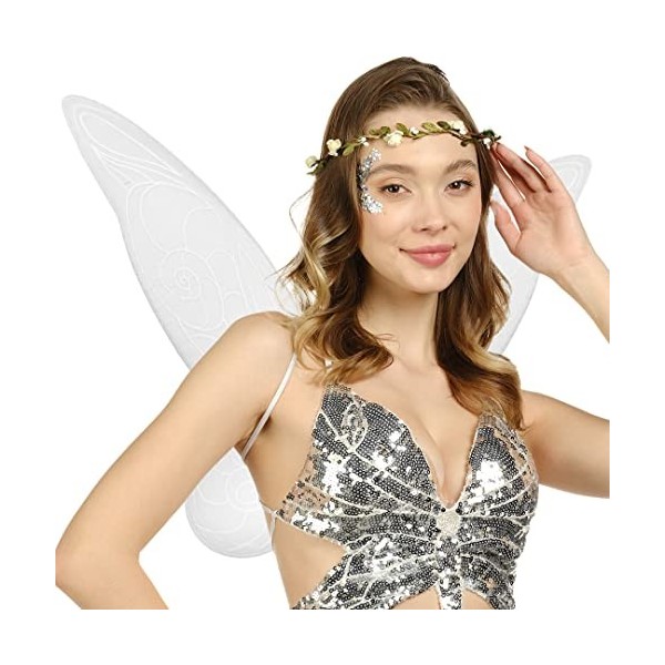 FUNCREDIBLE Ensemble daccessoires de costume de fée | Ailes de fée, couronne de fée | Ailes de fée blanches pour adultes