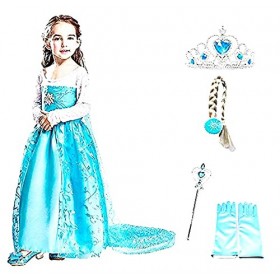 Costume Elsa Fleur avec couronne – Baguette – Gants – Tresse – Fille – La Reine des neiges – Couleur bleue – Déguisement – Ca