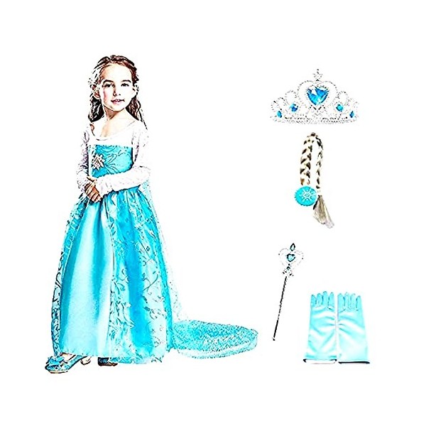 Costume Elsa Fleur avec couronne – Baguette – Gants – Tresse – Fille – La Reine des neiges – Couleur bleue – Déguisement – Ca