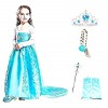 Costume Elsa Fleur avec couronne – Baguette – Gants – Tresse – Fille – La Reine des neiges – Couleur bleue – Déguisement – Ca