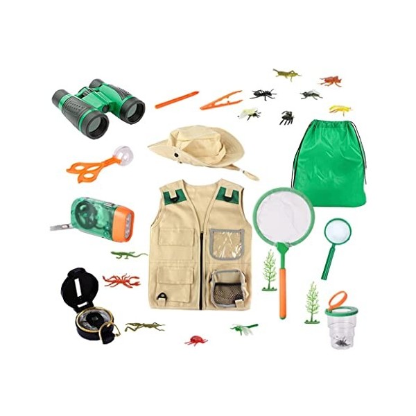 Milageto Ensemble dexplorateur en durable pour enfants, gilet et chapeau kaki avec accessoires, costume de, habillage pour l