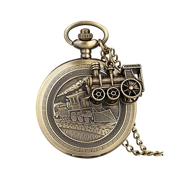 HEYBEC Bronze Train Locomotive Engine Quartz Pocket Watch Retro Collier Pendentif Chaîne Cadeaux avec Train Accessoire-3