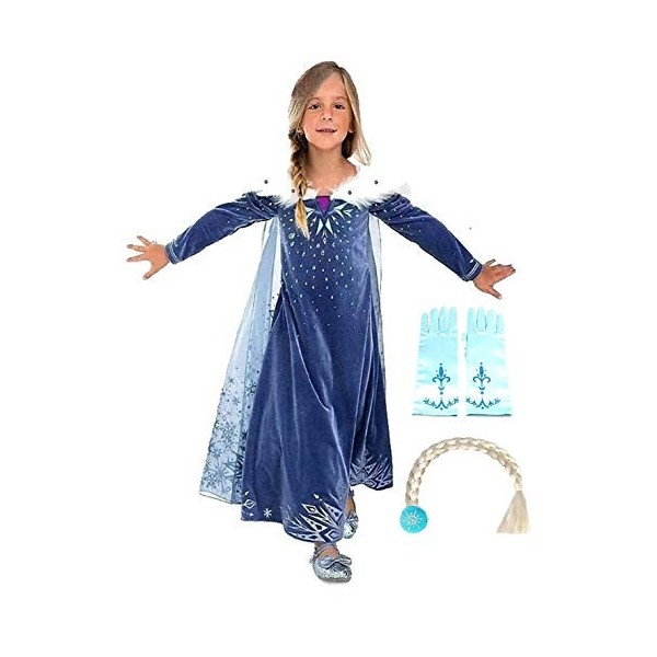 Costume dElsa pour fille - Avec gants et tresse - Carnaval - Déguisement - Halloween - Deluxe - Cape - Fille - Noël - Carton