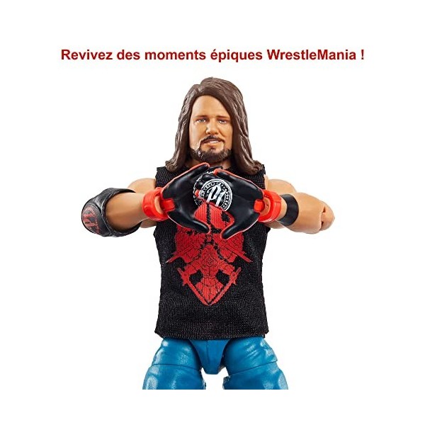 WWE WrestleMania Collection Élite Figurine articulée de catch AJ Styles en tenue de combat, visage réaliste et mains intercha