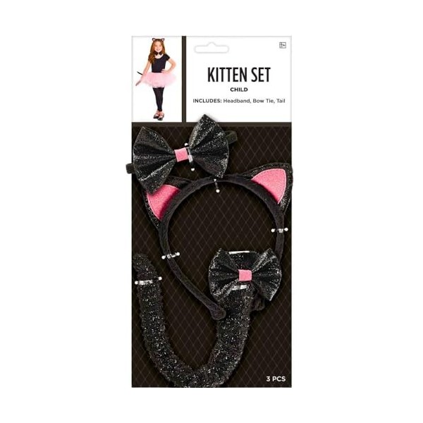 amscan- Ensemble daccessoires pour Enfant Chaton Pailleté Noir, 8403854, Multicolore