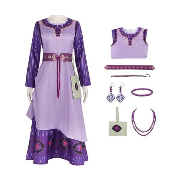 Foanja Asha Déguisement Fille Femme Cosplay Film Wish Asha Princesse Luxe Robe de Soirée et Accessoires pour Enfant Adulte Fa