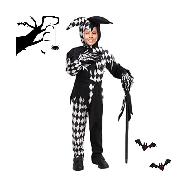 4 Pcs Costume de Clown maléfique dhalloween | Costume de bouffon Noir pour Enfants - Accessoires de Clown maléfique, Costume